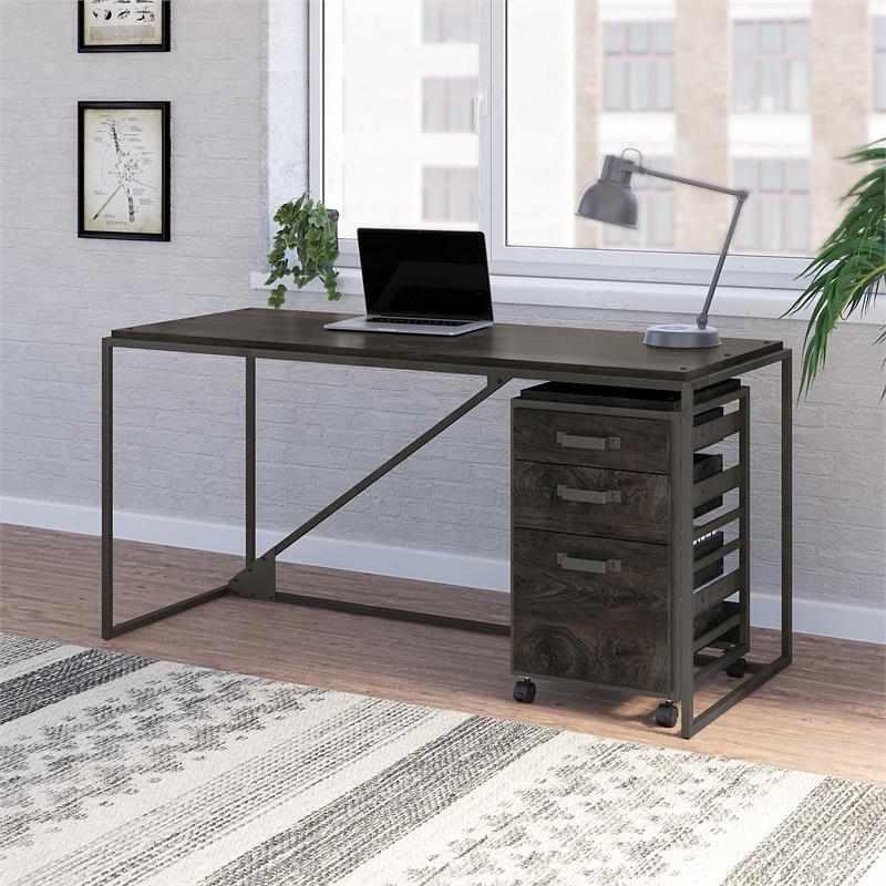 Bush Furniture Refinery 62W Industrial Desk with Drawers in Dark Gray