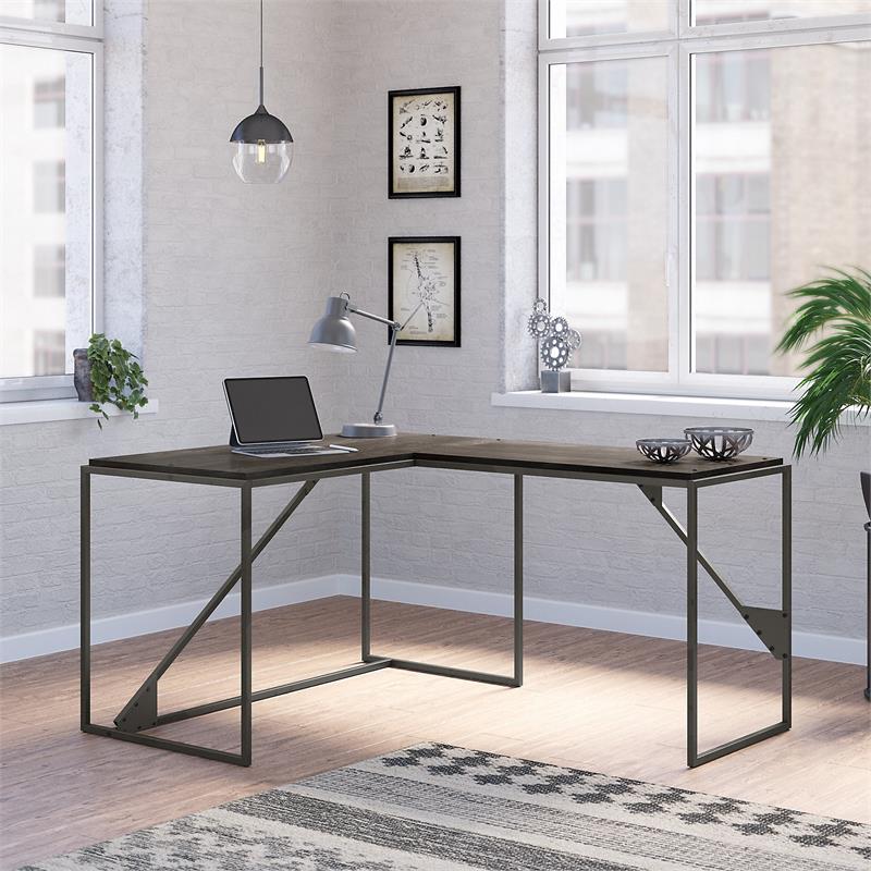 Refinery 50W L Shaped Industrial Desk in Dark Gray Hickory - Engineered Wood