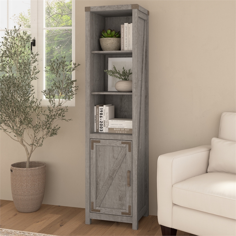 Bush Furniture Knoxville Tall Narrow 5 Shelf Bookcase with Door in Restored Gray