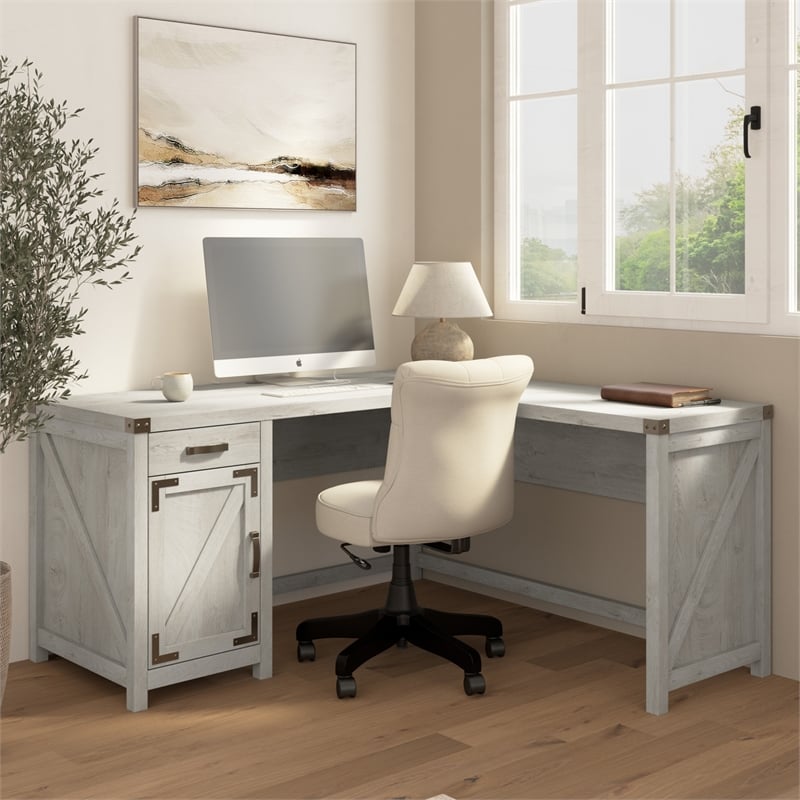 Bush Furniture Knoxville 60W L Shaped Desk with Storage Cabinet in Cottage White