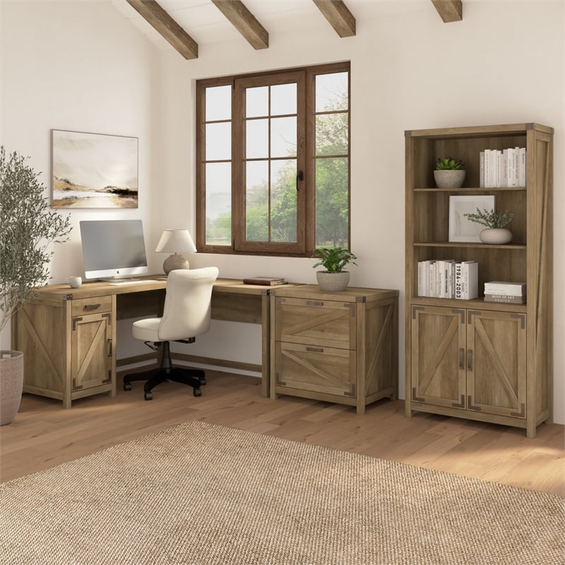 Bush Furniture Knoxville 60W L Shaped Desk with Cabinet in Reclaimed Pine