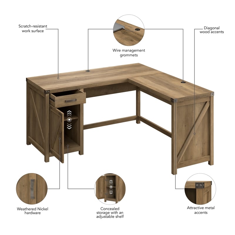 Bush Furniture Knoxville 60W L Shaped Desk with Cabinet in Reclaimed Pine
