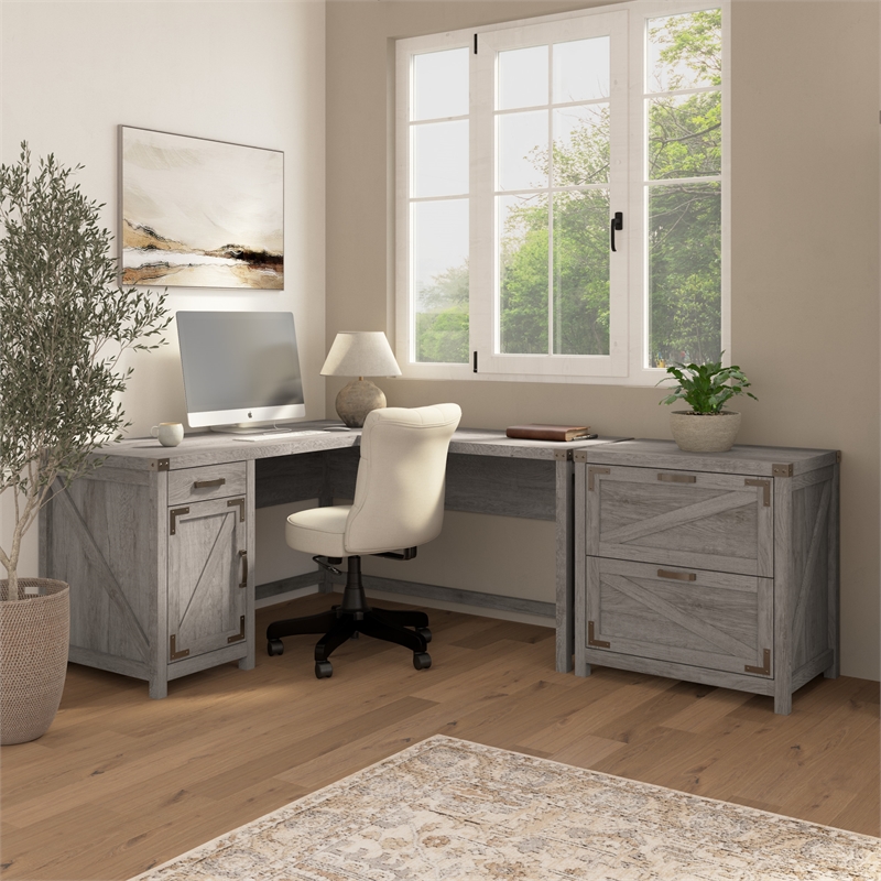 Bush Furniture Knoxville 60W L Shaped Desk with File Cabinet in Restored Gray