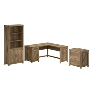 Knoxville 60W L Shaped Desk with File Cabinet and Bookcase in Reclaimed Pine