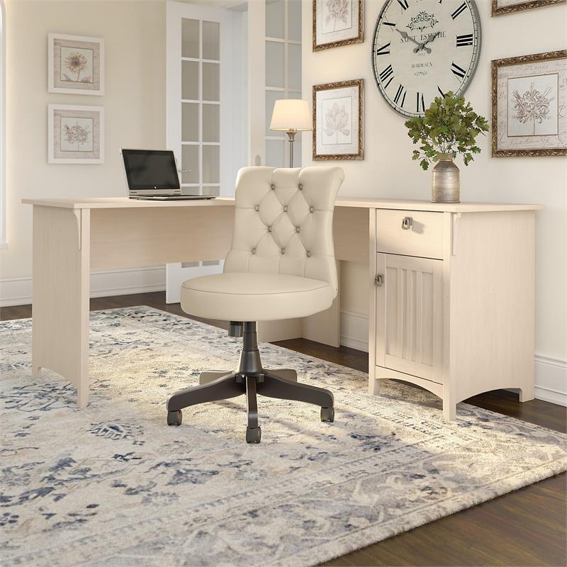 Bush Salinas Engineered Wood L-Shaped Desk and Chair Set in Antique White