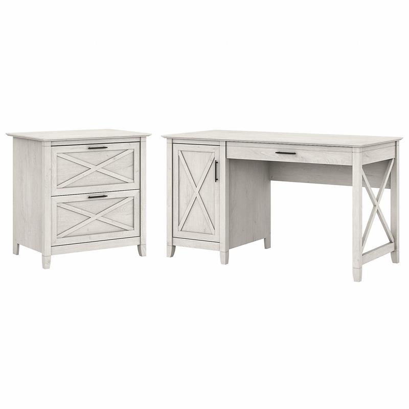 Key West 54W Computer Desk with Lateral File Cabinet in White - Engineered Wood