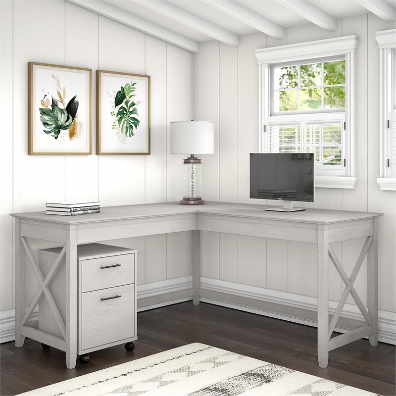 Key West 60W L Shaped Desk with Mobile File in White