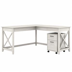 Key West 60W L Shaped Desk with Mobile File Cabinet in White - Engineered Wood