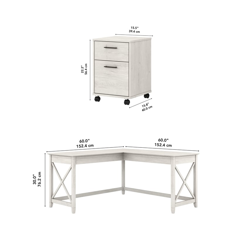 Key West 60W L Shaped Desk with Lateral File Cabinet in White - Engineered Wood