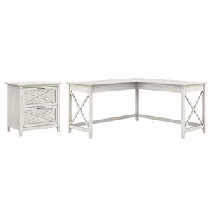 key west 60w l shaped desk with lateral file cabinet in white - engineered wood