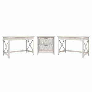 Key West 2 Person Desk Set with File Cabinet in Linen White - Engineered Wood