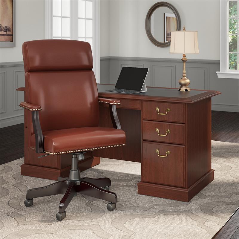 Saratoga Executive Desk And Chair Set In Harvest Cherry Engineered Wood Cymax Business Saratoga Executive Desk And Chair Set, Bush Furniture Saratoga Executive Desk In Harvest Cherry And Black