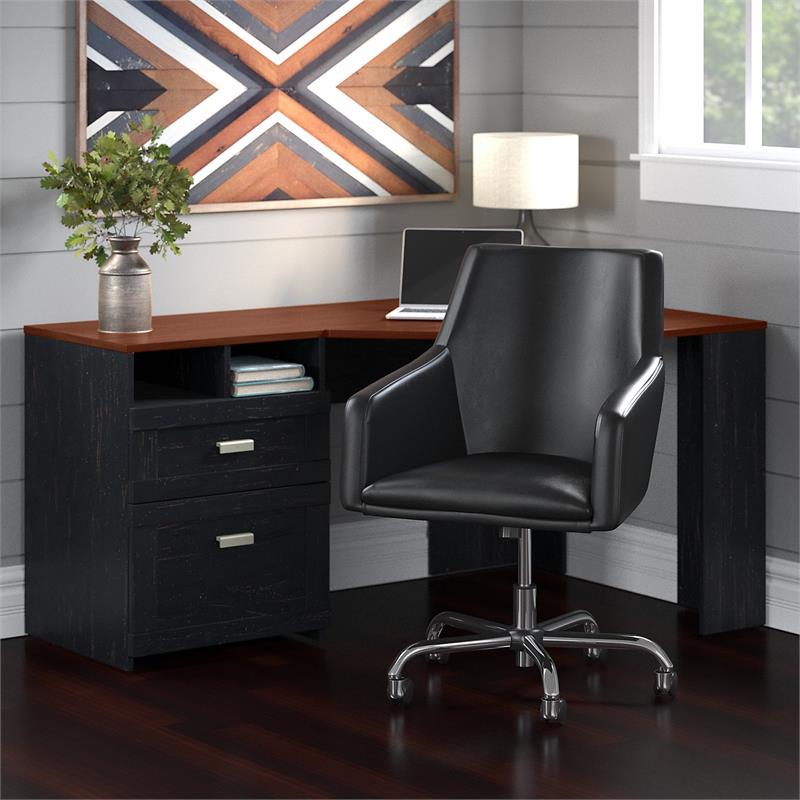 Wheaton Reversible Corner Desk and Chair Set in Black/Cherry ...