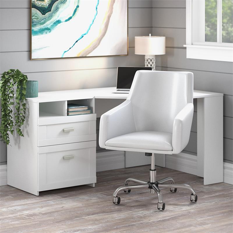 Wheaton Reversible Corner Desk and Chair Set in Pure White Engineered