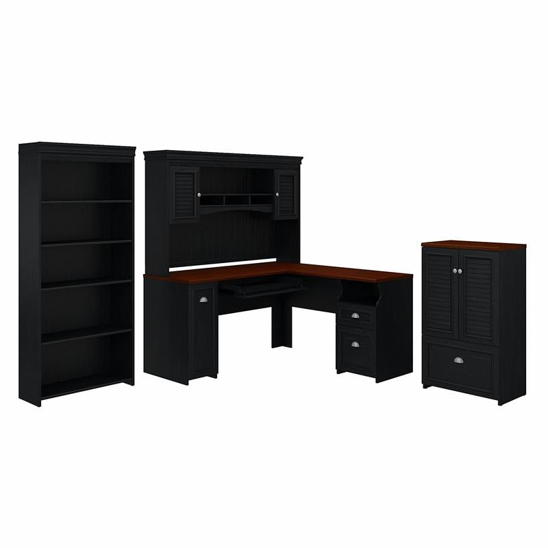 Fairview L Shaped Desk Set with Bookcase and Storage in Black - Engineered Wood