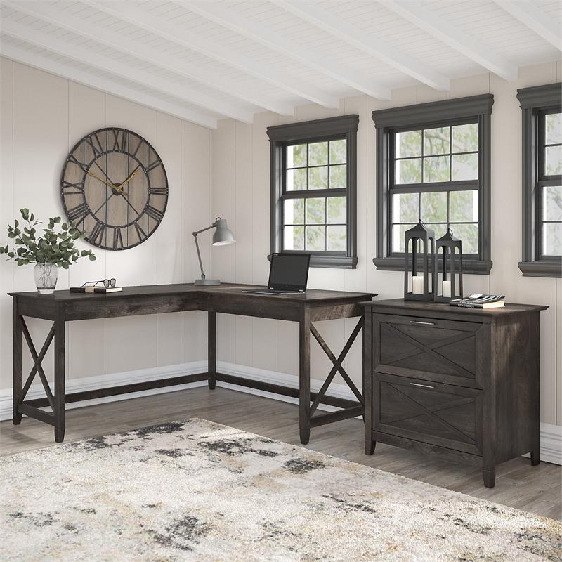 Key West L Shaped Desk with Lateral File in Dark Gray Engineered Wood Cymax Business