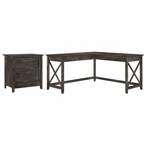 Key West L Shaped Desk with Lateral File Cabinet in Dark Gray - Engineered Wood