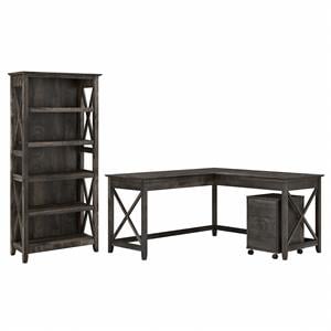Key West L Shaped Desk with Drawers and Bookcase in Dark Gray - Engineered Wood