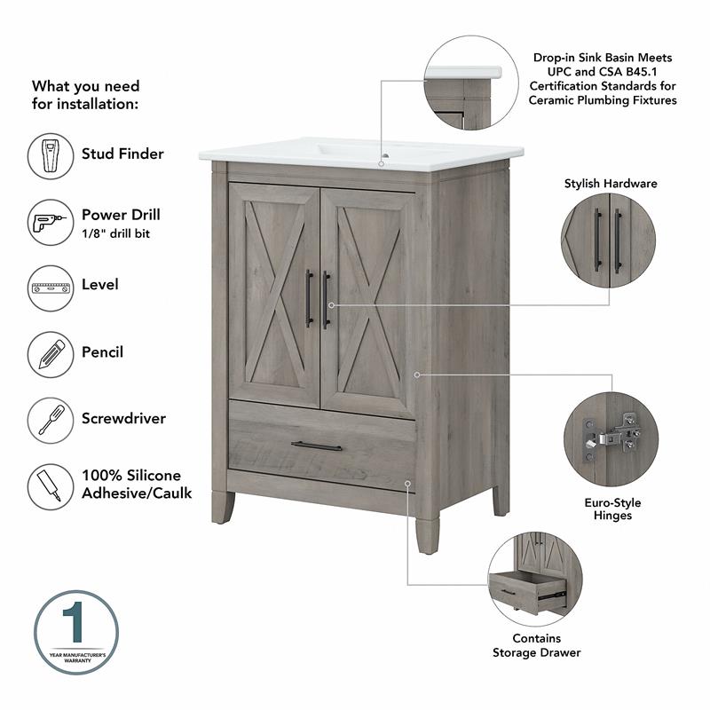Bush Key West Engineered Wood Bathroom Vanity Sink with Mirror in Driftwood Gray