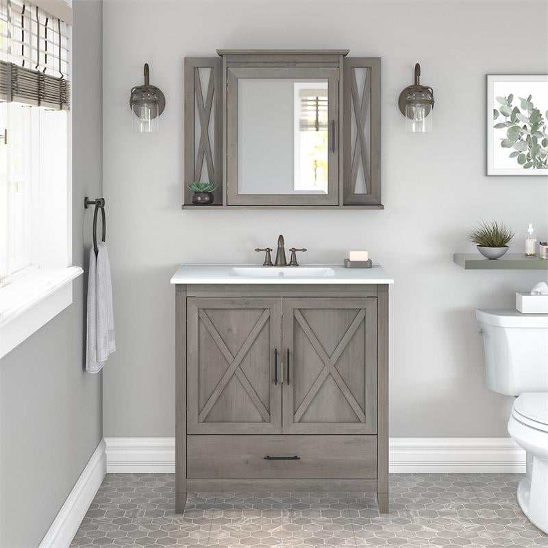 Bush Key West Engineered Wood Bathroom Vanity Sink with Mirror in Driftwood Gray