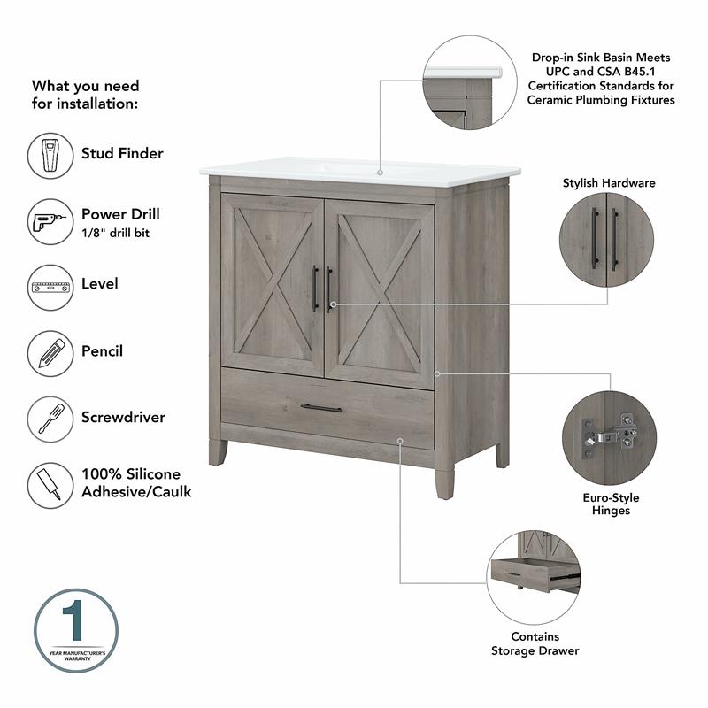 Bush Key West Engineered Wood Bathroom Vanity Sink with Mirror in Driftwood Gray