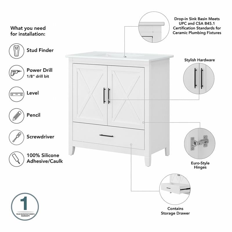Bush Key West Engineered Wood Bathroom Vanity Sink with Mirror in White Ash