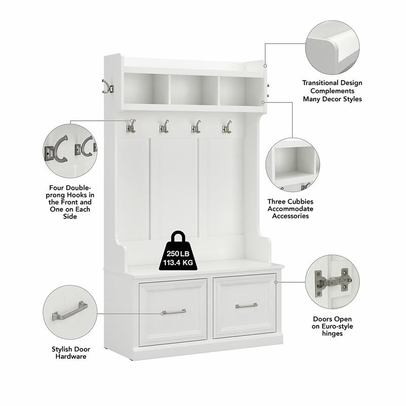 Woodland 40W Hall Tree and Shoe Bench with Doors in White Ash - Engineered Wood