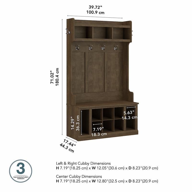 Woodland 40W Hall Tree and Shoe Bench w/ Shelves in Ash Brown - Engineered Wood