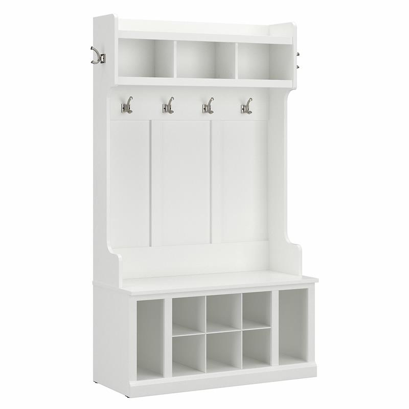 Woodland 40W Hall Tree and Shoe Bench w/ Shelves in White Ash - Engineered Wood