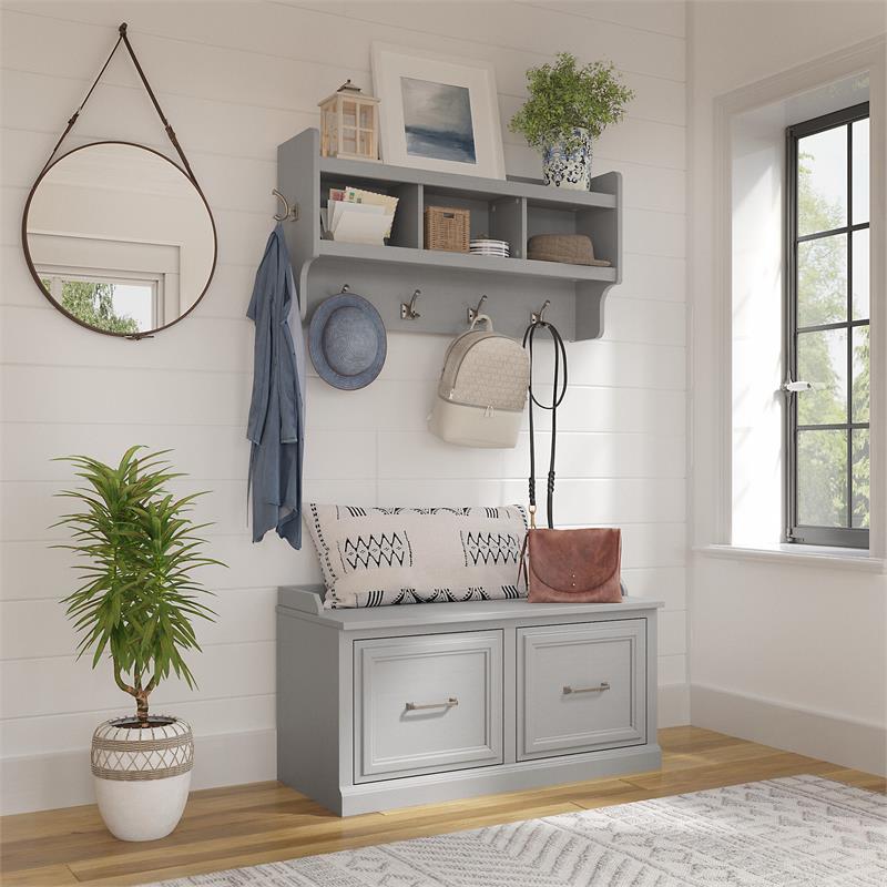 Woodland 40W Shoe Bench with Doors and Coat Rack in Gray - Engineered Wood