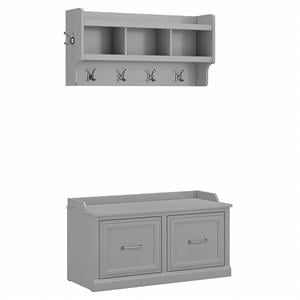 Woodland 40W Shoe Bench with Doors and Coat Rack in Gray - Engineered Wood