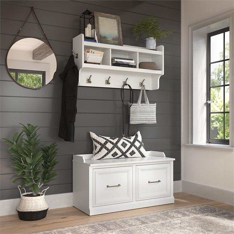 Woodland 40W Shoe Bench with Doors and Coat Rack in White Ash - Engineered Wood