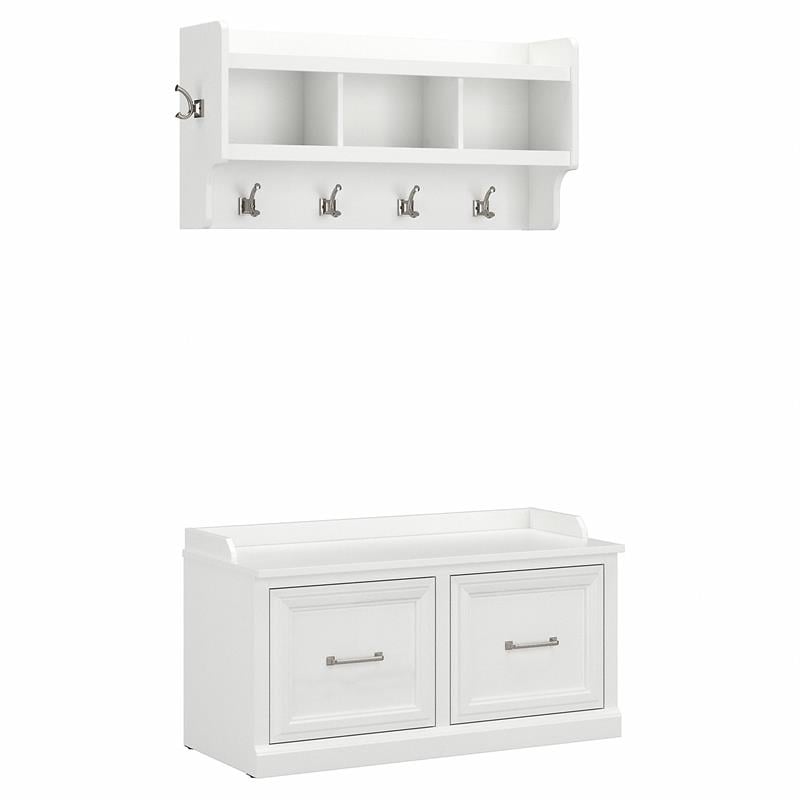 Woodland 40W Shoe Bench with Doors and Coat Rack in White Ash - Engineered Wood