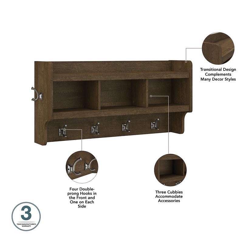 Woodland 40W Shoe Bench w/ Shelves and Coat Rack in Ash Brown - Engineered Wood