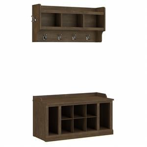 Woodland 40W Shoe Bench w/ Shelves and Coat Rack in Ash Brown - Engineered Wood
