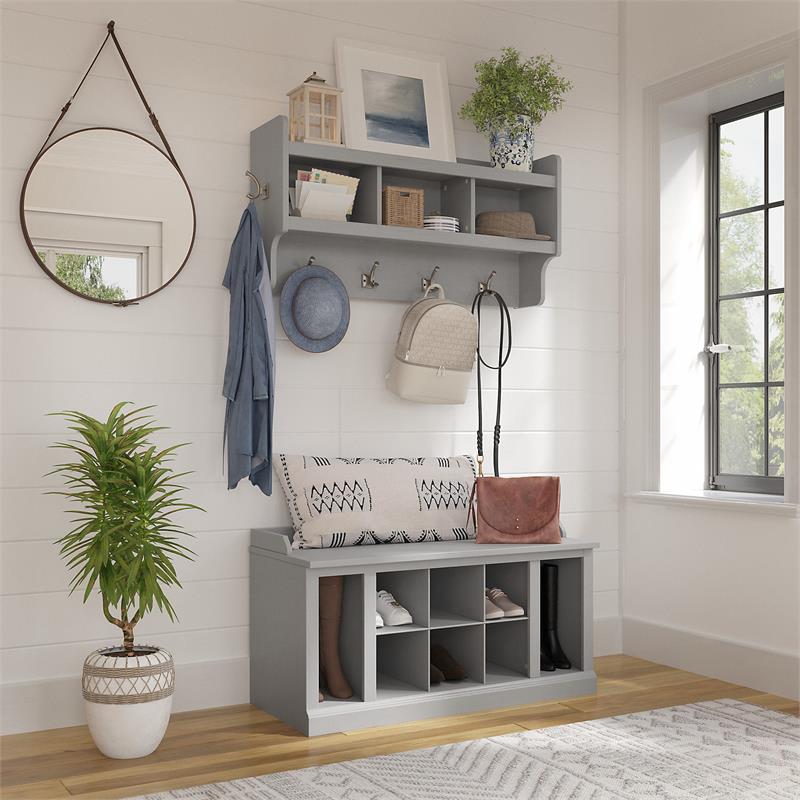 Woodland 40W Shoe Bench w/ Shelves and Coat Rack in Gray - Engineered Wood