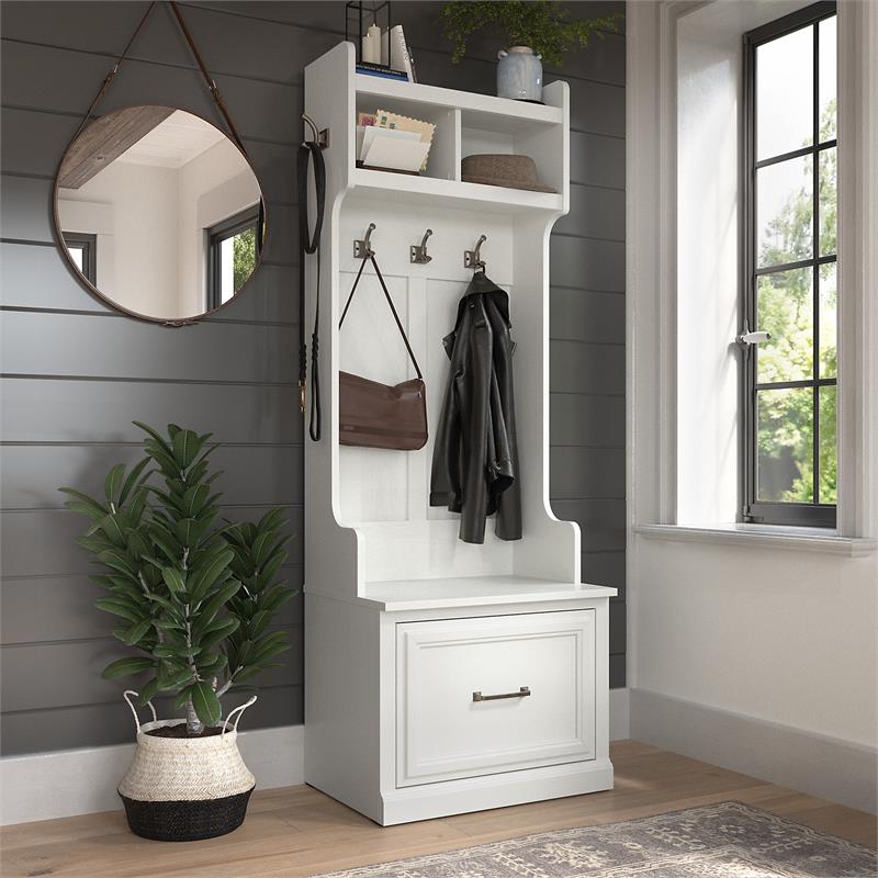 Woodland 24W Hall Tree & Shoe Bench w/ Drawer in White Ash - Engineered Wood