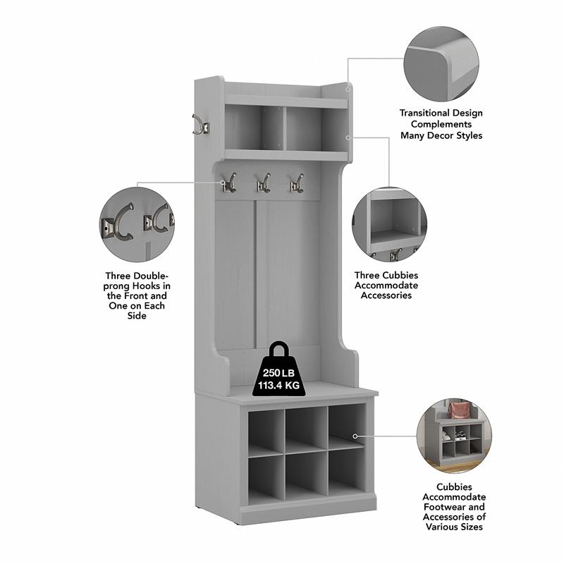 Woodland 24W Hall Tree & Shoe Bench w/ Shelves in Cape Cod Gray -Engineered Wood