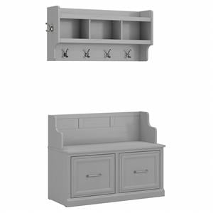 Woodland Entryway Bench with Doors and Wall Shelf in Gray - Engineered Wood