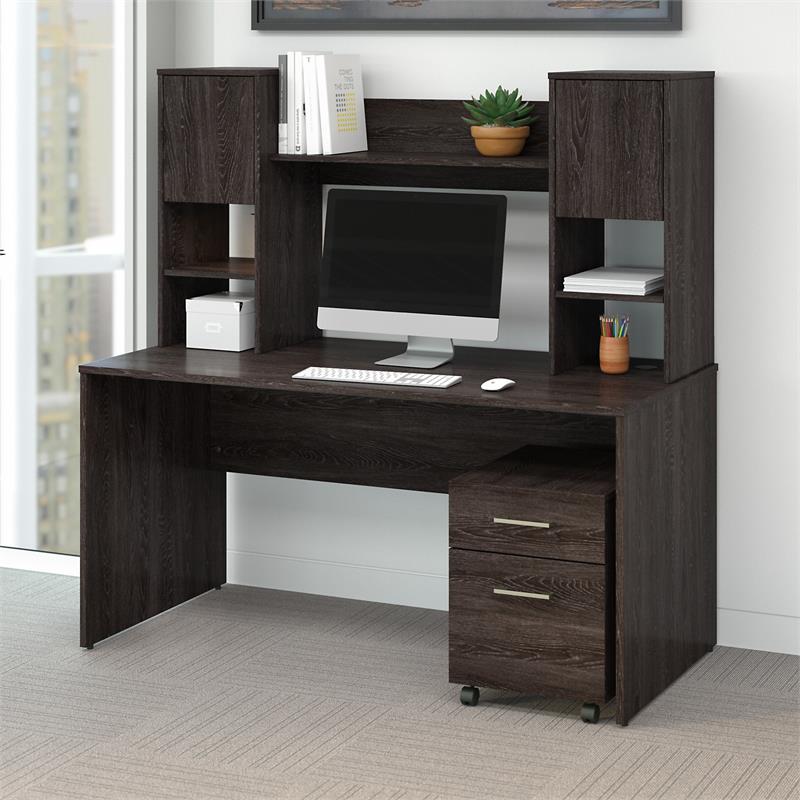 Kensington 60W Desk with Hutch and Drawers in Charcoal Gray