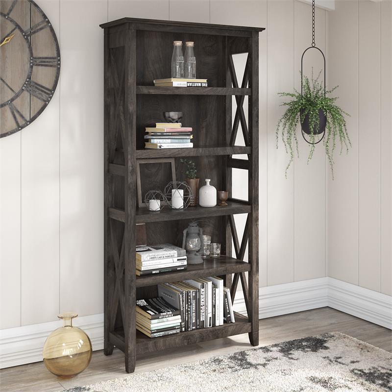 Key West Tall 5 Shelf Bookcase in Dark Gray Hickory Engineered Wood Cymax Business