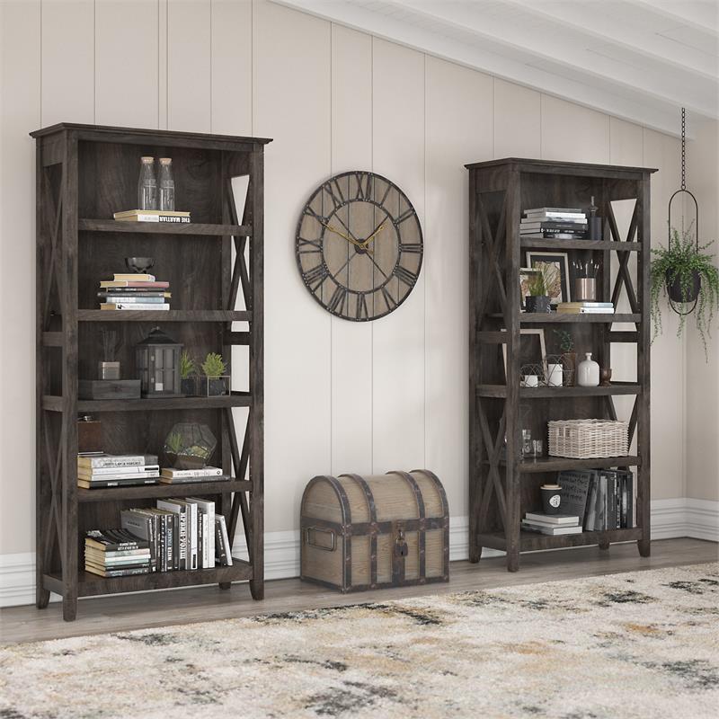 Key West 5 Shelf Bookcase Set in Dark Gray Hickory Engineered Wood