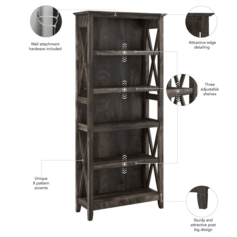 Key West 5 Shelf Bookcase Set in Dark Gray Hickory - Engineered Wood
