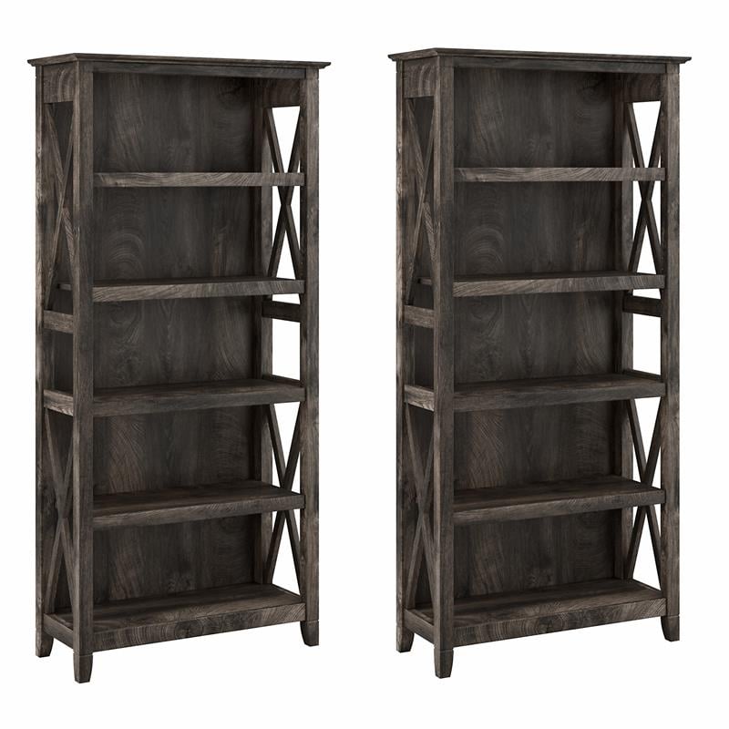 Key West 5 Shelf Bookcase Set In Dark, Black Wood Bookcase 5 Shelf
