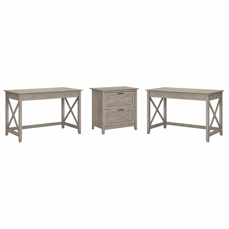 Key West 2 Person Desk Set with File Cabinet in Washed Gray - Engineered Wood