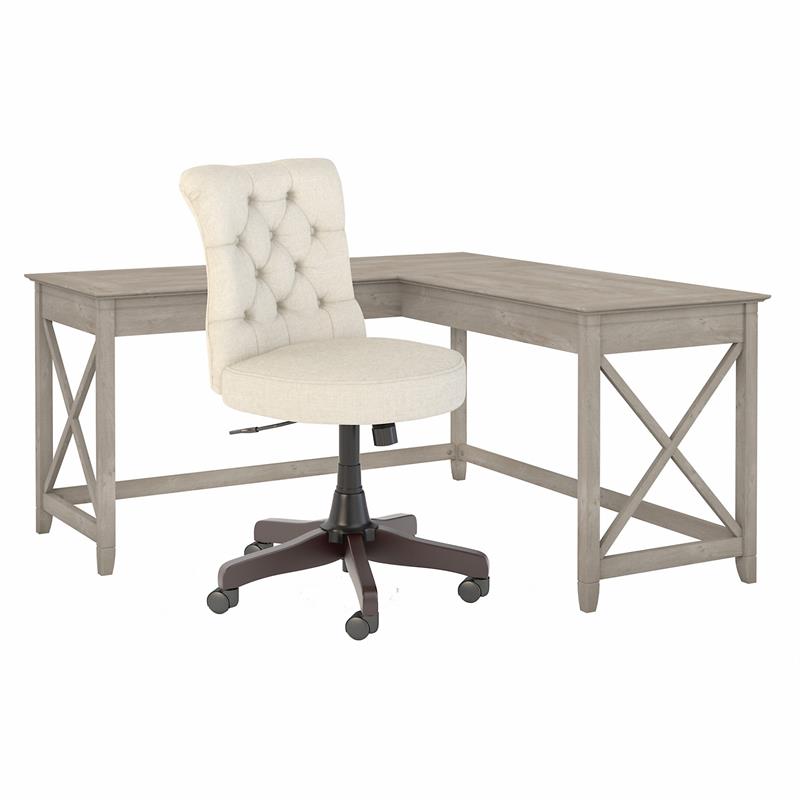 Bush Key West Engineered Wood LShaped Desk and Chair Set in Washed