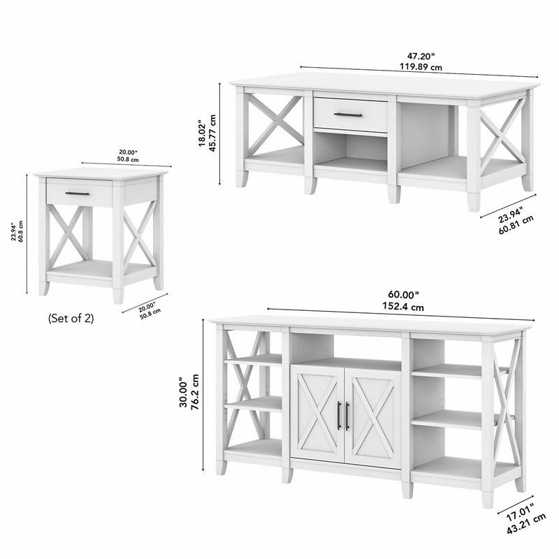 Key West TV Stand with Coffee and End Tables in Pure White Oak - Engineered Wood