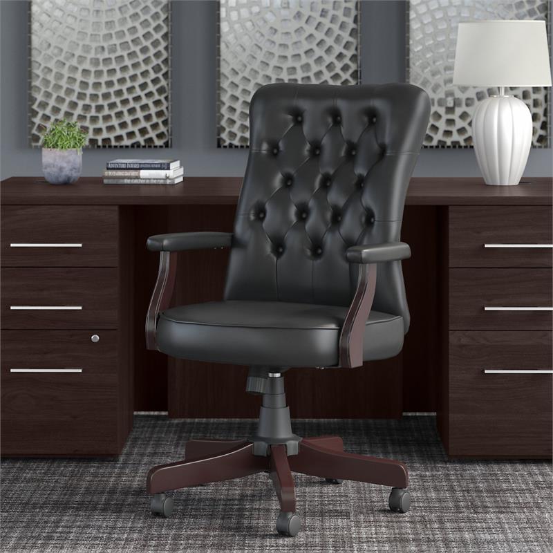 Fairview High Back Tufted Office Chair with Arms in Black Leather