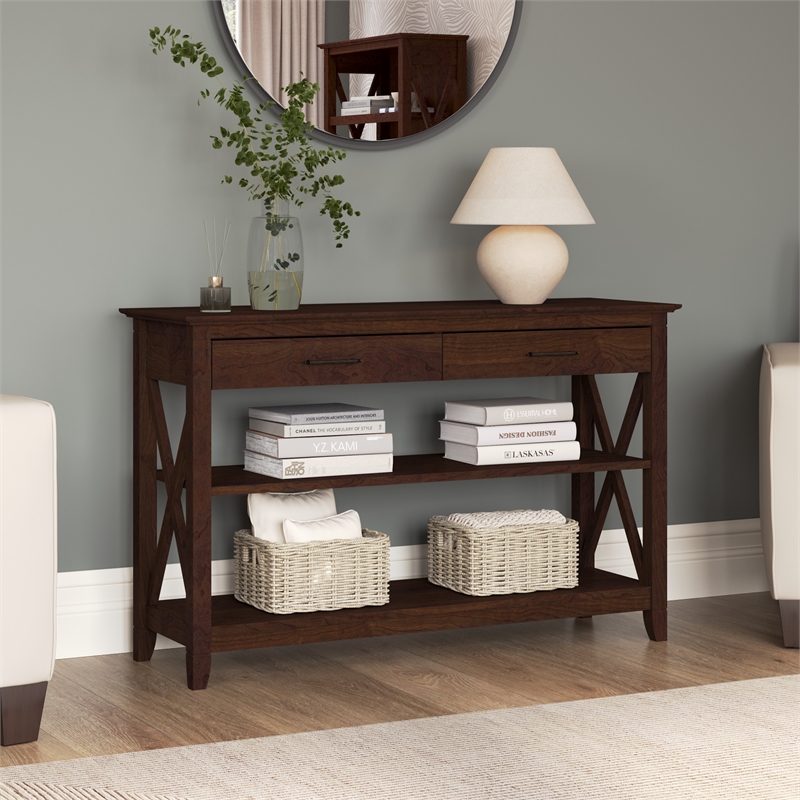 Key West Console Table with Drawers and Shelves in Bing Cherry - Engineered Wood