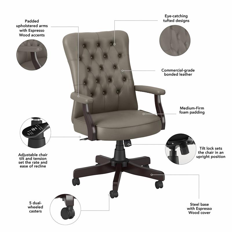 Key West High Back Tufted Office Chair with Arms in Washed Gray Leather